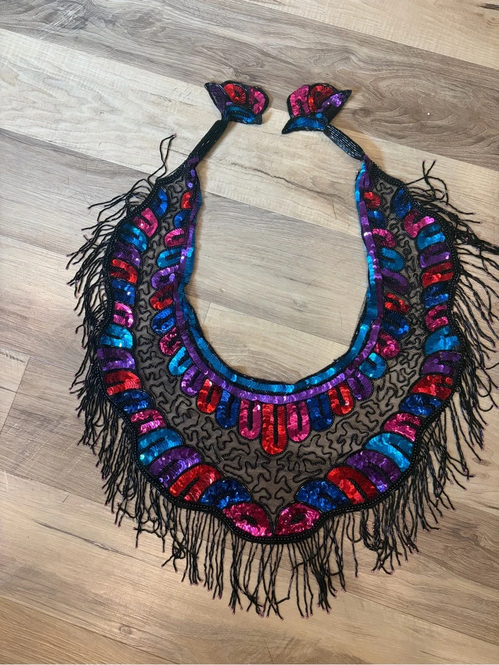 Vintage multicolor sequined & beaded fringe capelet collar / shoulder necklace